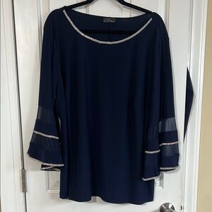 Avenue VIP Elegant Navy Blue Women's Top 22w Rhinestone neckline & bell sleeves